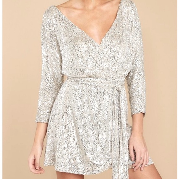 NWT Silver Sequin Mini Wrap Dress - Picture 3 of 3